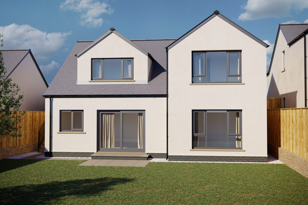 The rear exterior of The Egret, a 3-bedroom detached home at Olive Green View in Halton - Russell Armer by Genesis Homes