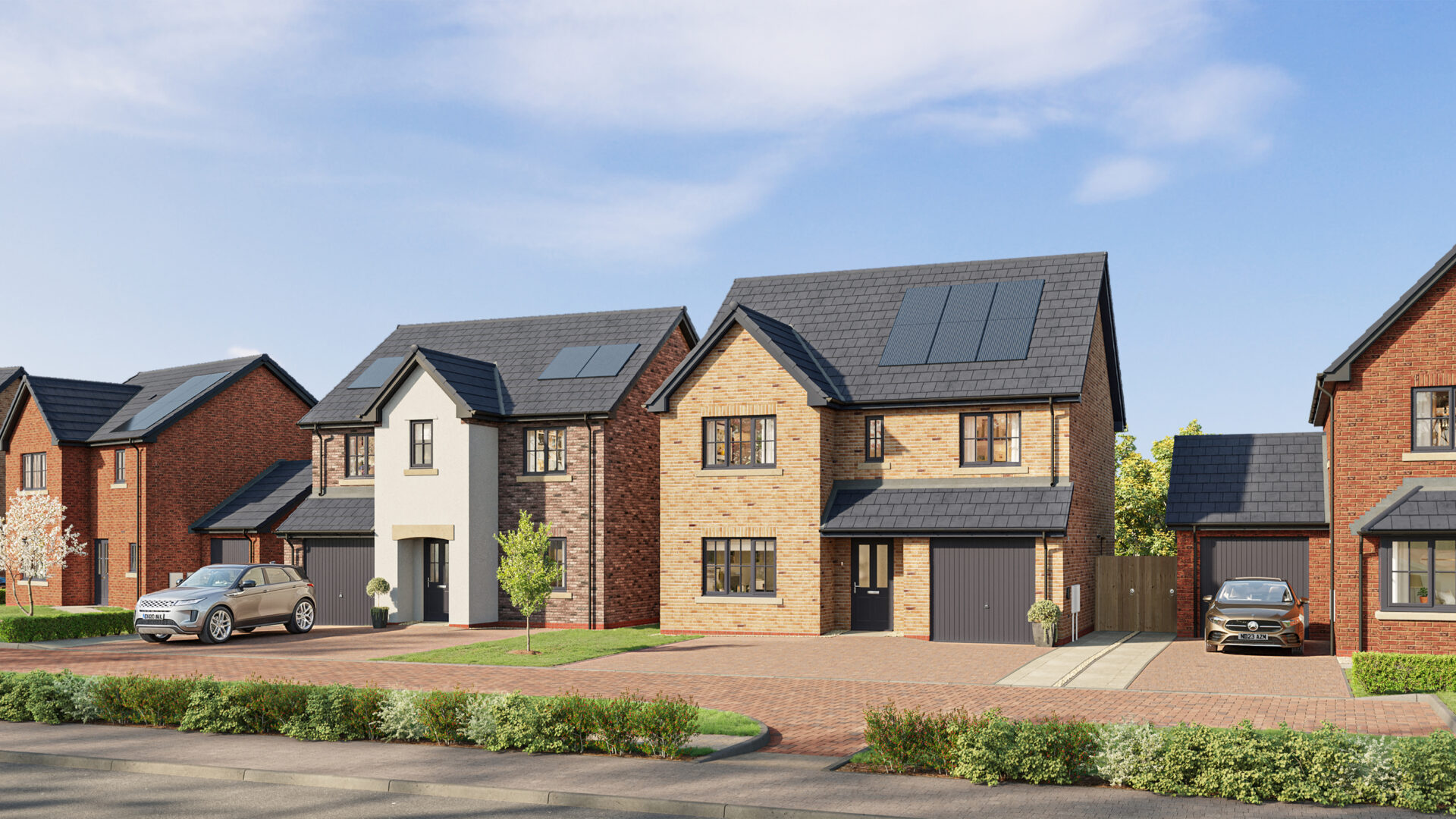 CGI street scene image of new build development Sandsfield Way in Carlisle - Genesis Homes