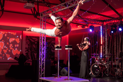Male acrobat balancing on a single pole on one arm