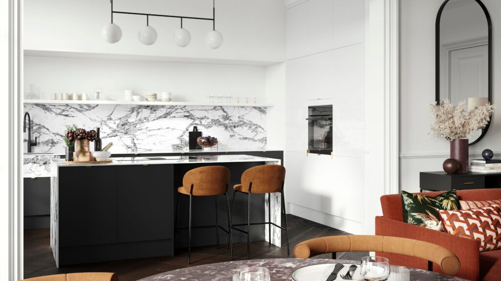 Modern, sleek kitchen with marble walls and dark undercounters