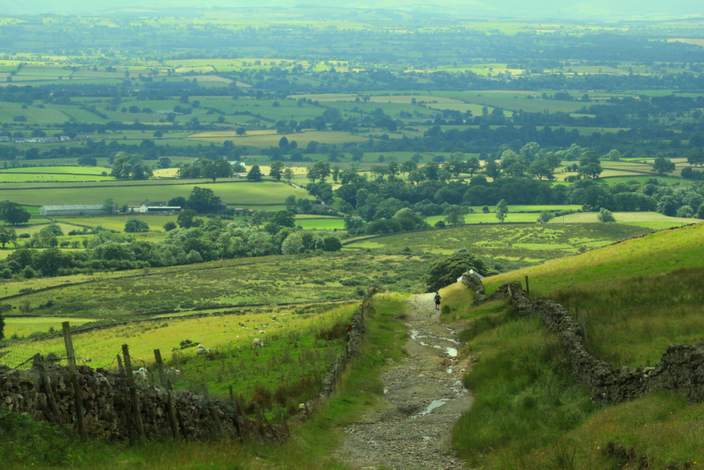 The path descending from High Cup to Dufton, with views of the Eden Valley.